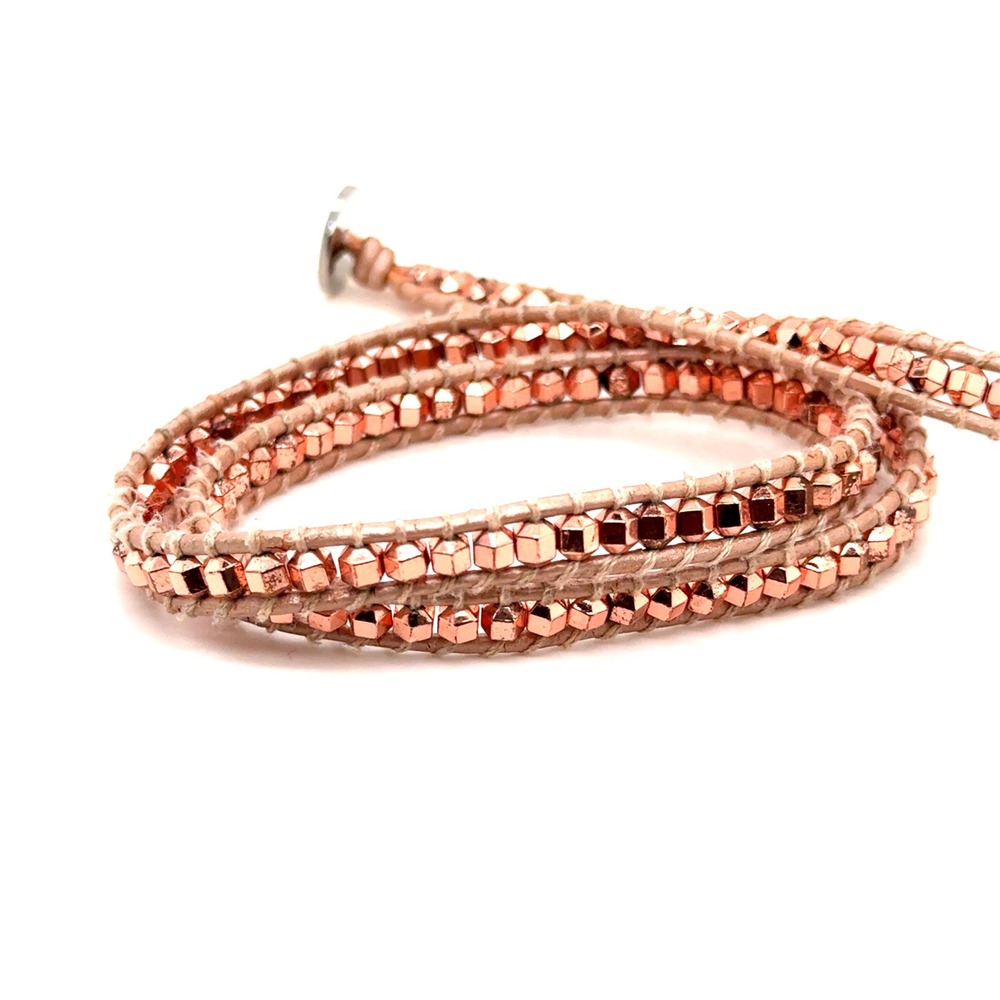 Victoria Emerson Rose Gold Tone Beaded Multi Wrap Bracelet Boho Cord Clasp